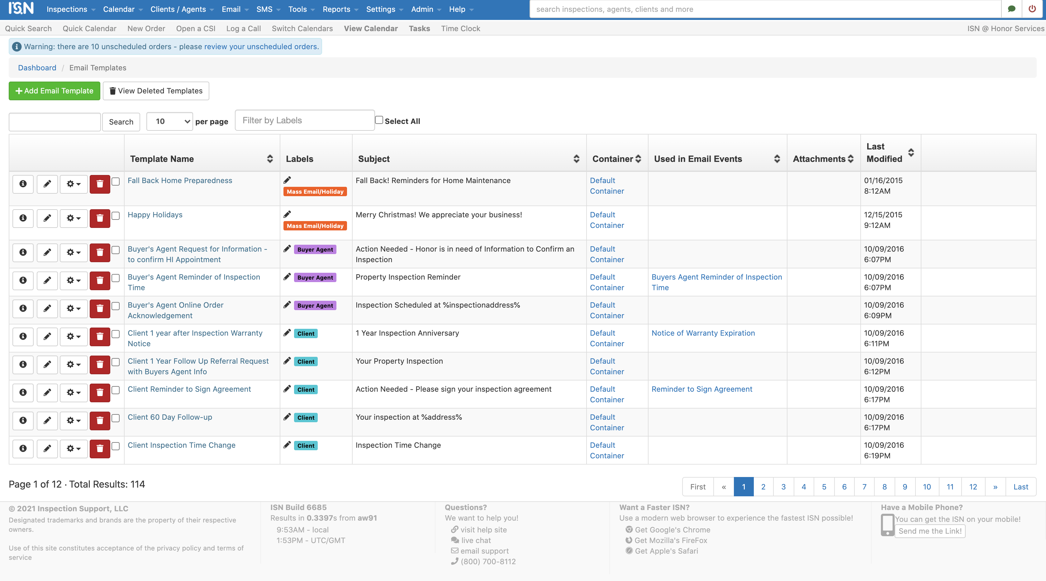 screenshot of Inspection Support Network